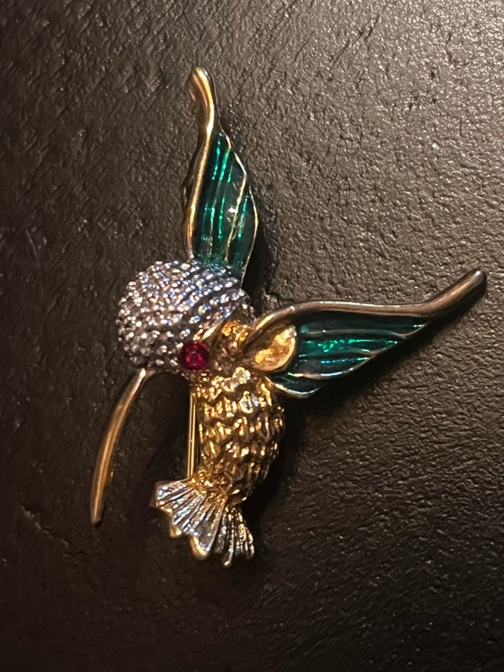 Vintage Marvella Gold and Green Hummingbird Pin Brooch with Crystal Accents